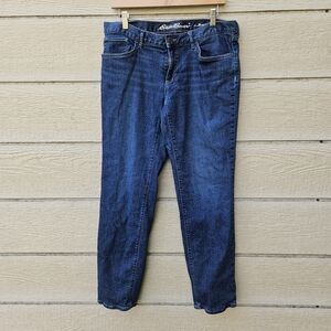 Eddie Bauer dark wash flannel-lined boyfriend jeans size 10 30 inch inseam